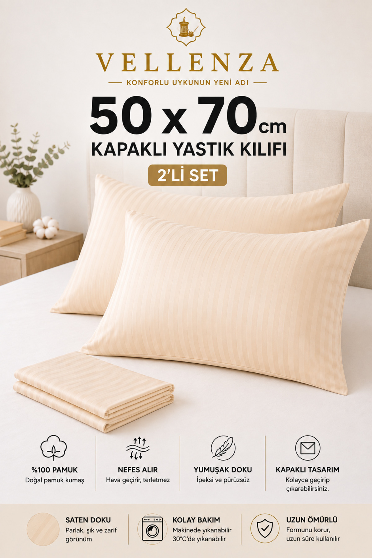 Vellenza altın saten yastık kılıfı