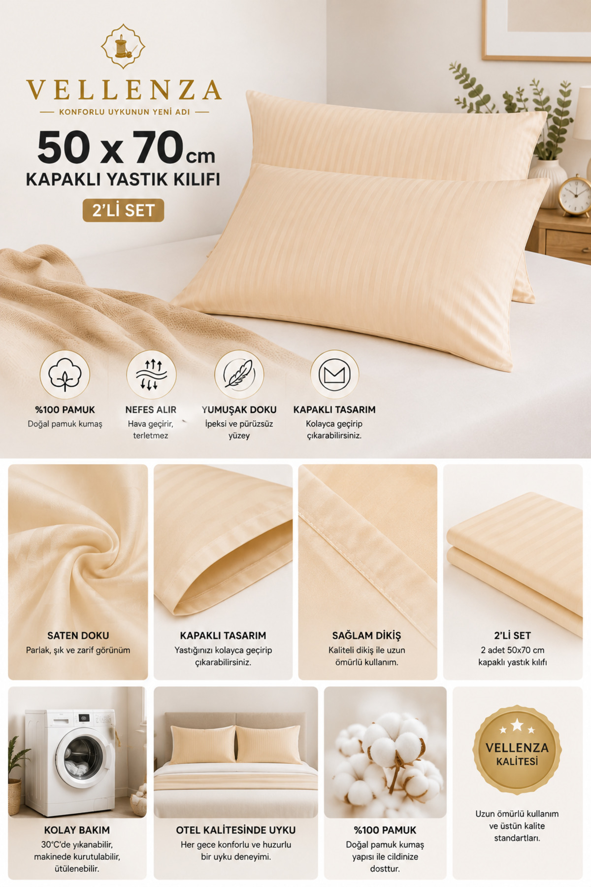 2'li Pamuk Saten Yastık Kılıfı 50x70 cm - Görsel 3