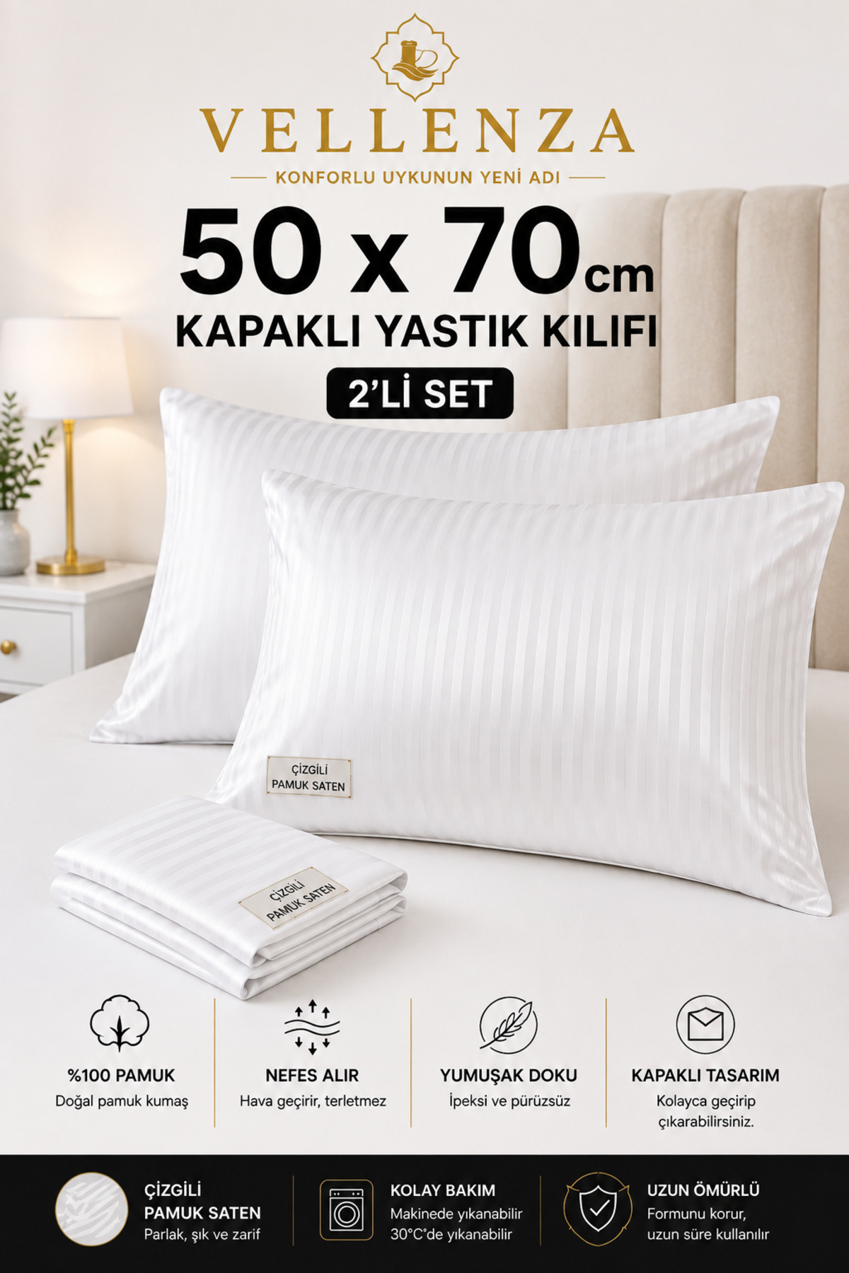 2'li Pamuk Saten Yastık Kılıfı 50x70 cm - Görsel 4